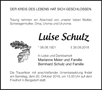 Traueranzeige von Luise Schulz von Märkische Oderzeitung