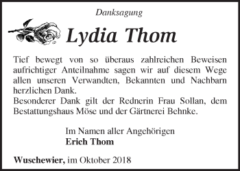 Traueranzeige von Lydia Thom von Märkische Oderzeitung