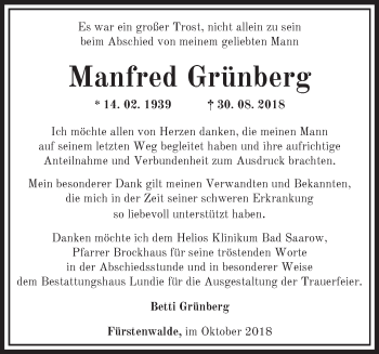 Traueranzeige von Manfred Grünberg von Märkische Oderzeitung