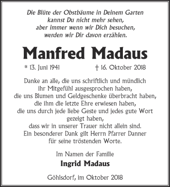 Traueranzeige von Manfred Madaus von Märkische Oderzeitung