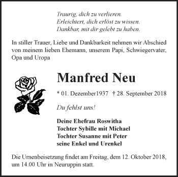 Traueranzeige von Manfred Neu von Märkische Oderzeitung