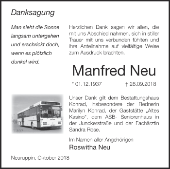 Traueranzeige von Manfred Neu von Märkische Oderzeitung