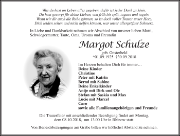 Traueranzeige von Margot Schulze von Märkische Oderzeitung