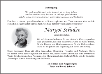 Traueranzeige von Margot Schulze von Märkische Oderzeitung