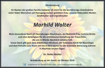 Traueranzeige von Marhild Wolter von Märkische Oderzeitung