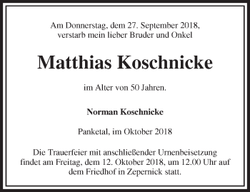 Traueranzeige von Matthias Koschnicke von Märkische Oderzeitung