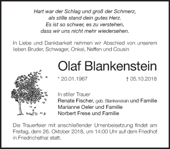 Traueranzeige von Olaf Blankenstein von Märkische Oderzeitung