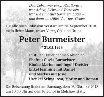 Traueranzeige von Peter Burmeister von Märkische Oderzeitung