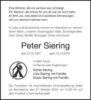 Traueranzeige von Peter Siering von Märkische Oderzeitung