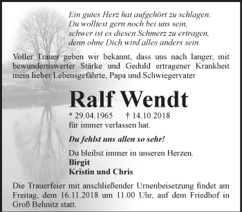 Traueranzeige von Ralf Wendt von Märkische Oderzeitung