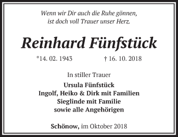 Traueranzeige von Reinhard Fünfstück von Märkische Oderzeitung