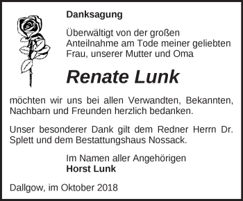 Traueranzeige von Renate Lunk von Märkische Oderzeitung