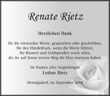 Traueranzeige von Renate Rietz von Märkische Oderzeitung