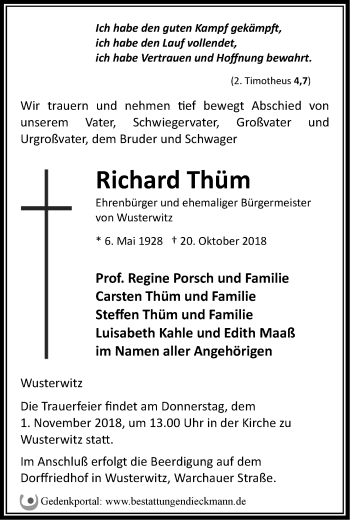 Traueranzeige von Richard Thüm von Märkische Oderzeitung