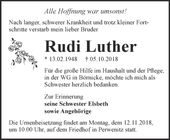 Traueranzeige von Rudi Luther von Märkische Oderzeitung