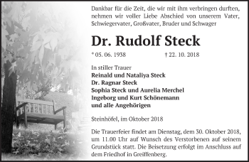 Traueranzeige von Rudolf Steck von Märkische Oderzeitung