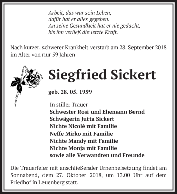 Traueranzeige von Siegfried Sickert von Märkische Oderzeitung