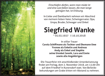 Traueranzeige von Siegfried Wanke von Märkische Oderzeitung