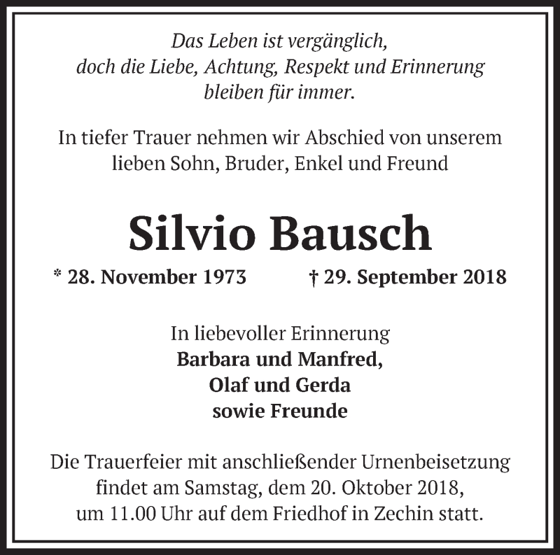  Traueranzeige für Silvio Bausch vom 13.10.2018 aus Märkische Oderzeitung