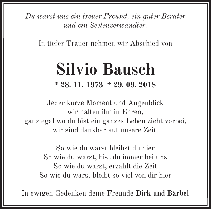  Traueranzeige für Silvio Bausch vom 17.10.2018 aus Märkische Oderzeitung