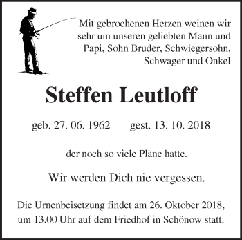 Traueranzeige von Steffen Leutloff von Märkische Oderzeitung