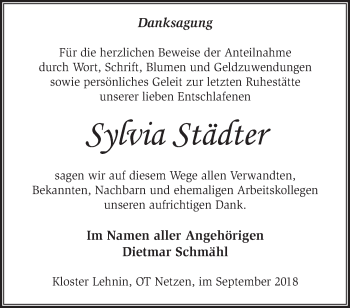 Traueranzeige von Sylvia Städter von Märkische Oderzeitung