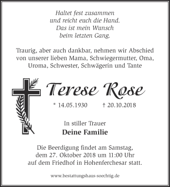 Traueranzeige von Terese Rose von Märkische Oderzeitung