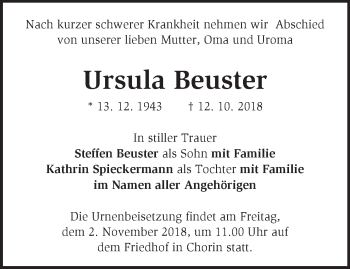 Traueranzeige von Ursula Beuster von Märkische Oderzeitung