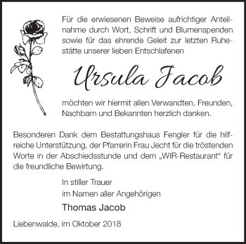 Traueranzeige von Ursula Jacob von Märkische Oderzeitung