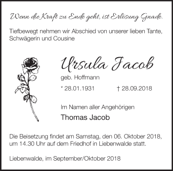 Traueranzeige von Ursula Jacob von Märkische Oderzeitung