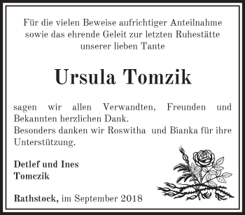 Traueranzeige von Ursula Tomzik von Märkische Oderzeitung