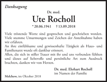 Traueranzeige von Ute Rocholl von Märkische Oderzeitung