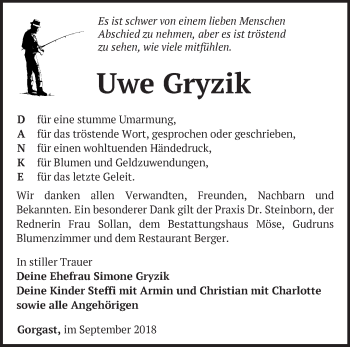 Traueranzeige von Uwe Gryzik von Märkische Oderzeitung