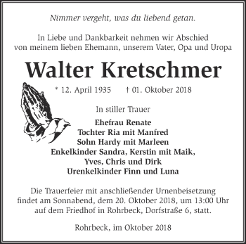 Traueranzeige von Walter Kretschmer von Märkische Oderzeitung