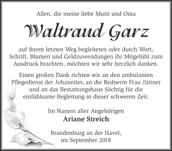 Traueranzeige von Waltraud Garz von Märkische Oderzeitung