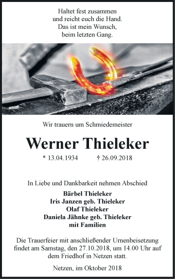 Traueranzeige von Werner Thieleker von Märkische Oderzeitung