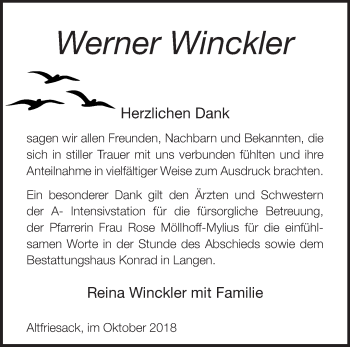 Traueranzeige von Werner Winckler von Märkische Oderzeitung