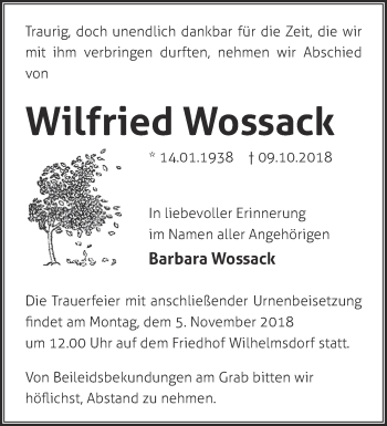 Traueranzeige von Wilfried Wossack von Märkische Oderzeitung