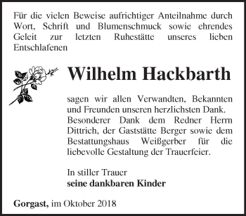 Traueranzeige von Wilhelm Hackbarth von Märkische Oderzeitung