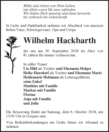 Traueranzeige von Wilhelm Hackbarth von Märkische Oderzeitung