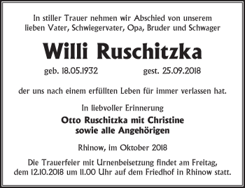 Traueranzeige von Willi Ruschitzka von Märkische Oderzeitung