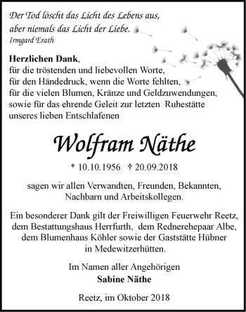 Traueranzeige von Wolfram Näthe von Märkische Oderzeitung