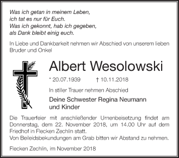 Traueranzeige von Albert Wesolowski von Märkische Oderzeitung