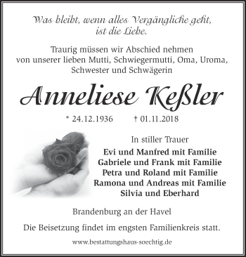 Traueranzeige von Anneliese Keßler von Märkische Oderzeitung