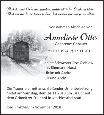 Traueranzeige von Anneliese Otto von Märkische Oderzeitung