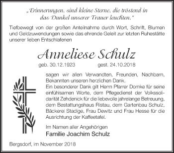 Traueranzeige von Anneliese Schulz von Märkische Oderzeitung