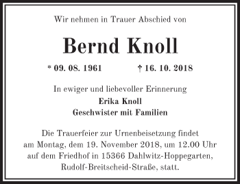 Traueranzeige von Bernd Knoll von Märkische Oderzeitung