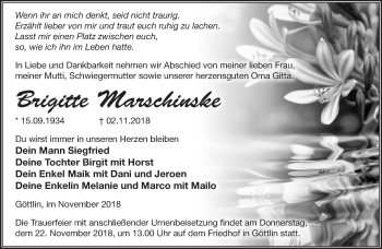 Traueranzeige von Brigitte Marschinske von Märkische Oderzeitung