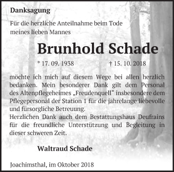 Traueranzeige von Brunhold Schade von Märkische Oderzeitung