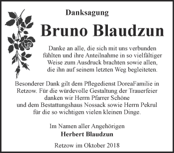 Traueranzeige von Bruno Blaudzun von Märkische Oderzeitung